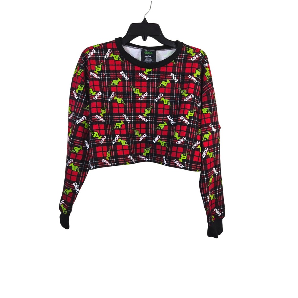 The‎ Grinch Forever 21 Women Red Black Plaid Festive Long Sleeve Crop Top Medium